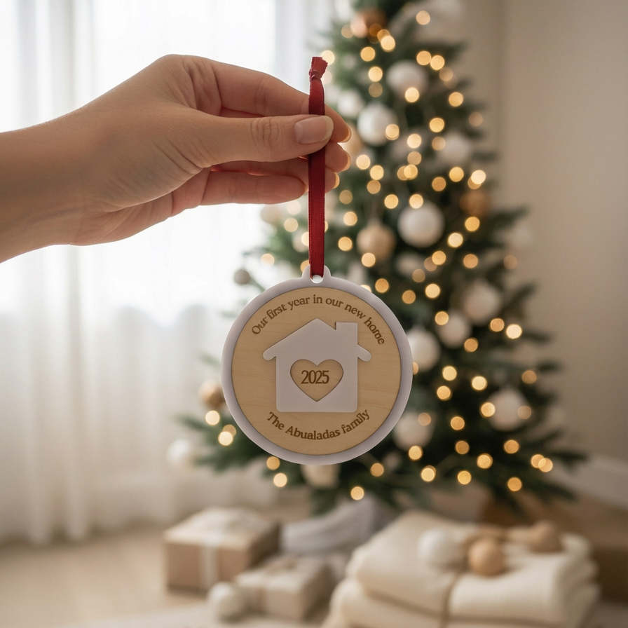Hand holding a Christmas ornament with a house design and 'Our Best Year in our New Home' text, blurred Christmas tree in the background.
